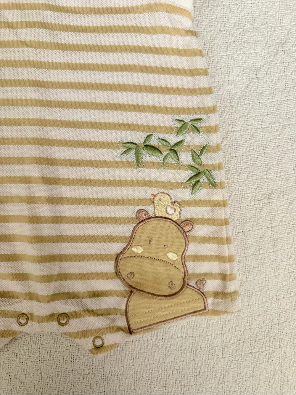 Buster Brown Cream and Yellow Striped Embroidered Hippo Sleeveless Romper